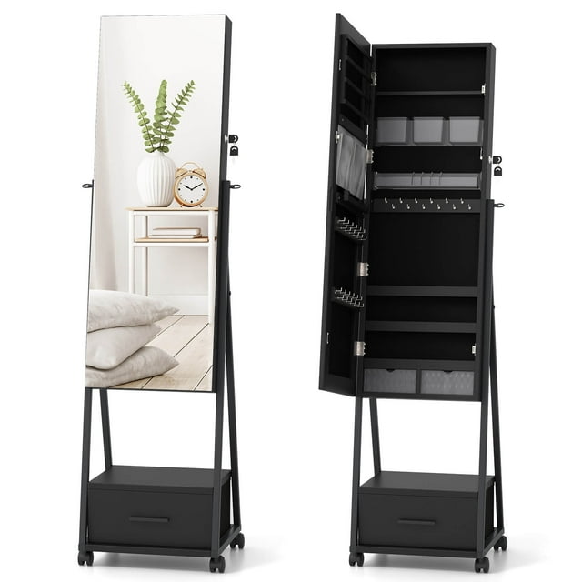 Costway Jewelry Cabinet Armoire Full Length Mirror Lockable with Bottom Drawer & Wheels Black