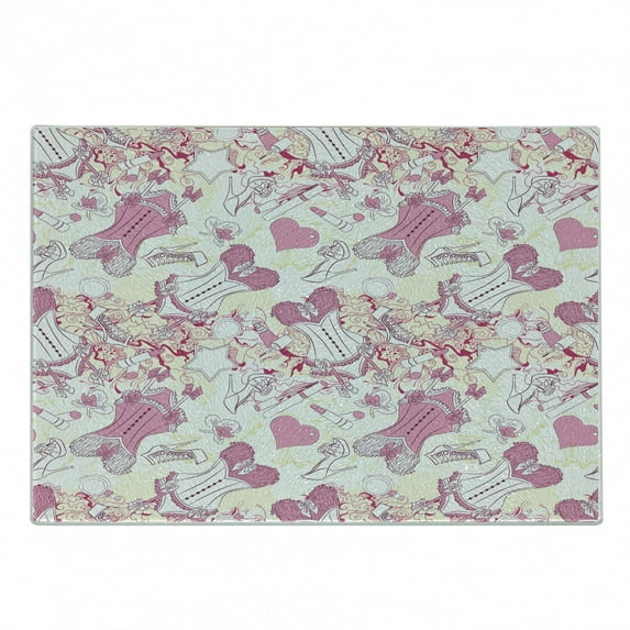 Fashion Cutting Board, Old-Fashioned Female Corset Accessories Vintage Girls Room Floral Design Print, Decorative Tempered Glass Cutting and Serving Board, Small Size, Beige and Pink, by Ambesonne