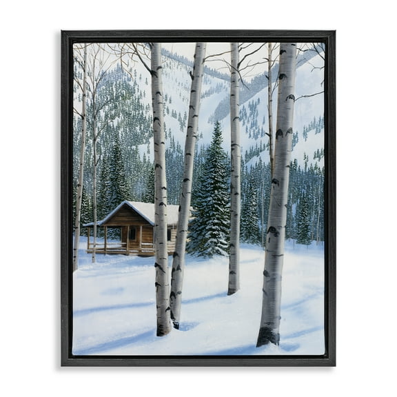 Stupell Industries Snowy Cabin Through Birch Landscape Painting Black Floater Framed Canvas Art Prints Wall Art, 17 x 21