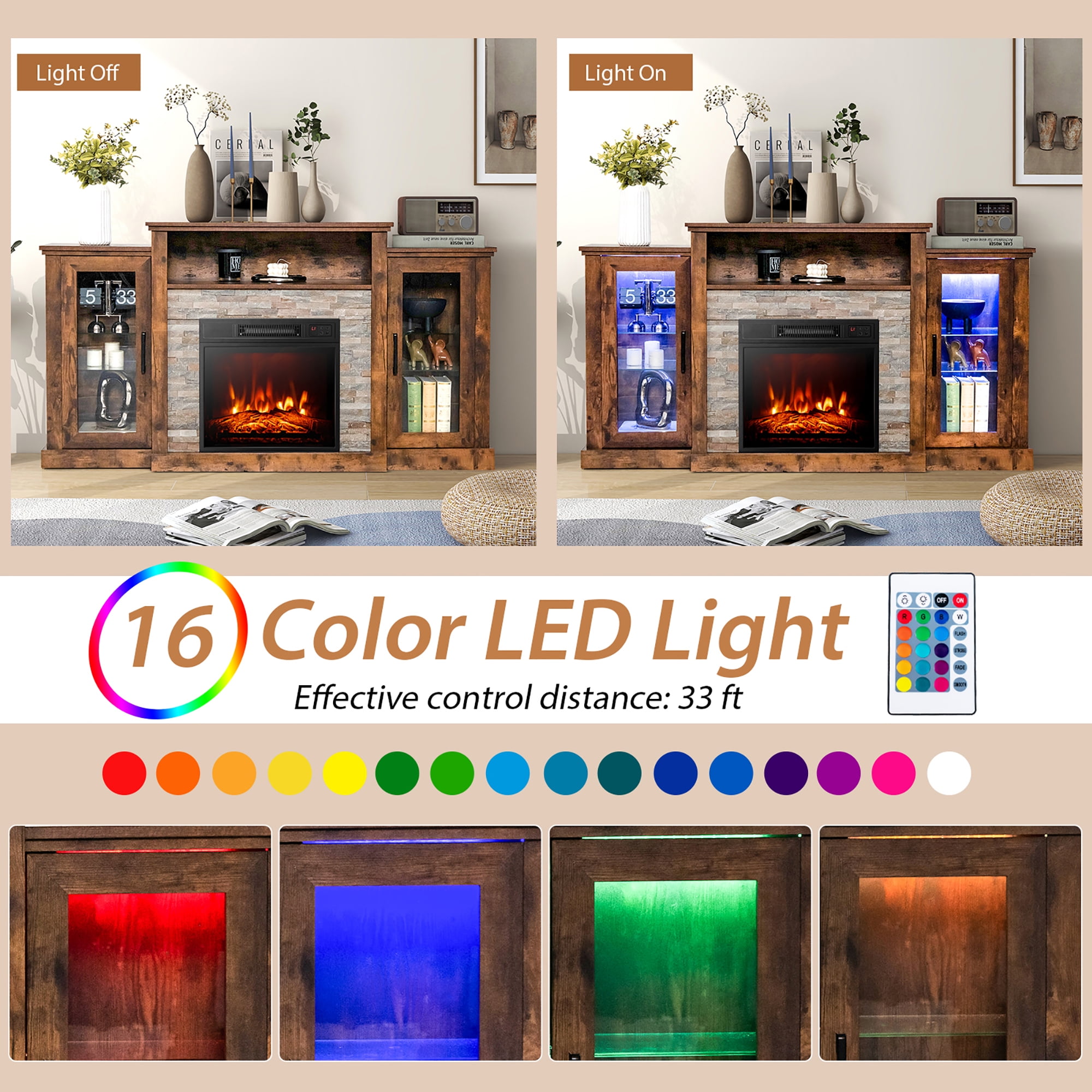Costway Fireplace TV Stand w/ Led Lights & 18" Electric Fireplace for For 65" Wall-Mounted TV