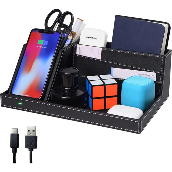 Organizador de Mesa de Noche TopMade Piel Soporte para Bolígrafos con Cargador Inalámbrico y Estació