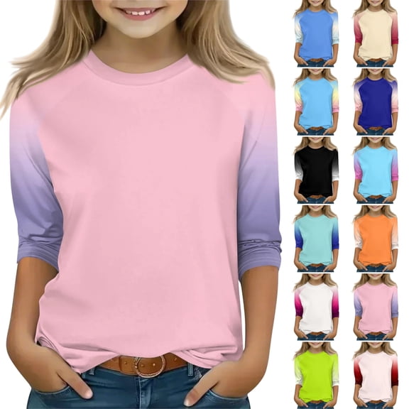 OIOLOYJM 3/4 Length Sleeve Shirts for Girls 2026 Casual Crewneck Color Block T Shirts Spring Cotton Cute Pullover Tops Basic Tees Pink 14-15 Year