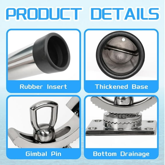 Marine-Grade Stainless Steel Fishing Rod Holder for Boat, Adjustable Trolling Rod Mount with 360°