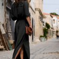 thumbnail image 3 of Vestido maxi de mujer sólido con escote en V profundo Vestido de manga larga con cordones divididos en otoño para niña Noticed FS9538-10, 3 of 7