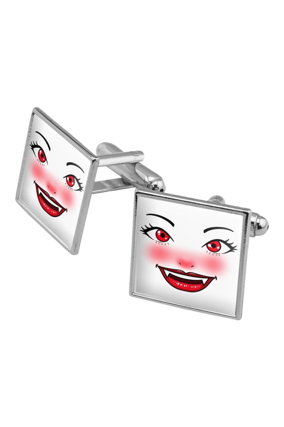 Happy Vampire Girl Smiling Face Square Cufflink Set - Silver or Gold