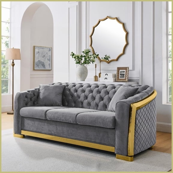 Grey Velvet Chesterfield Sofa, 84-Inch Tufted 3-Seat Couch with Gold Stainless Accents for Living Room
