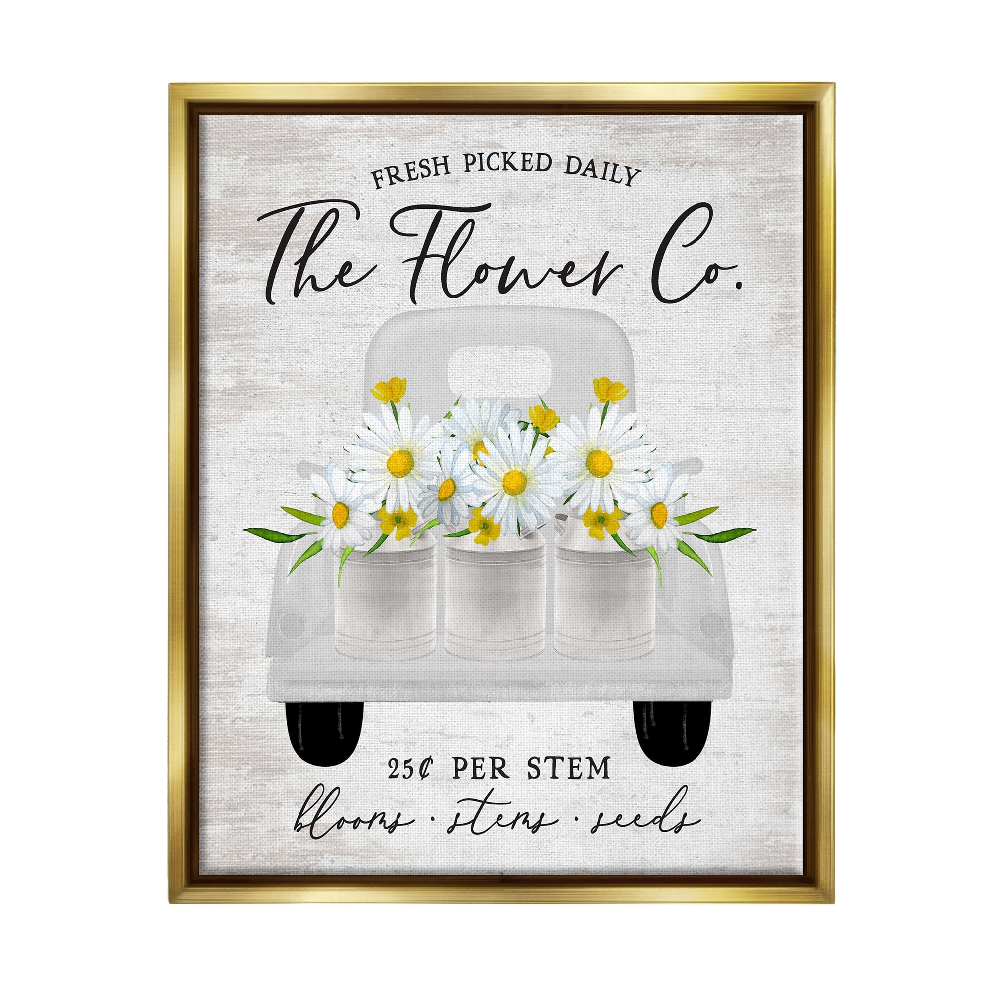 Stupell Industries Vintage Flower Co. Daisy Blooms Filled Pickup Truck Graphic Art Metallic Gold Floating Framed Canvas Print Wall Art, Design by Lettered and Lined