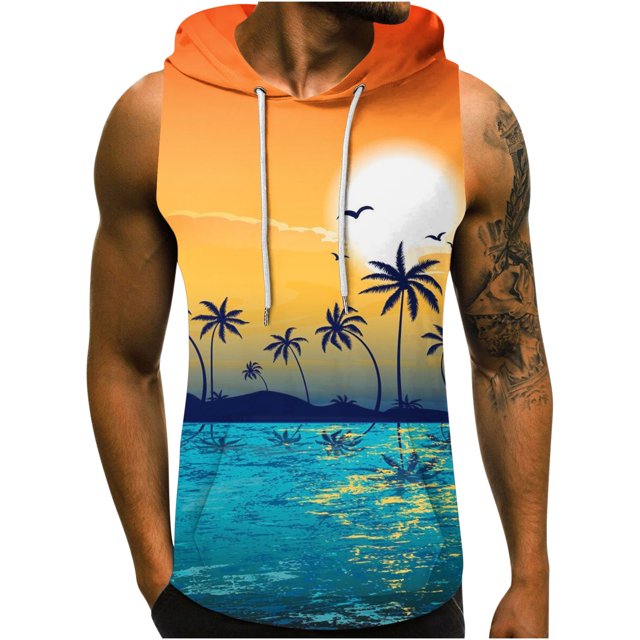 Hyknon Tank Tops Men Independence Day Hooded Tank Top 3D Non Positioning Sunset Tree Print Sleeveless Head Drawstring Pocket Hooded Tank Top Casual T-shirt Top Tops