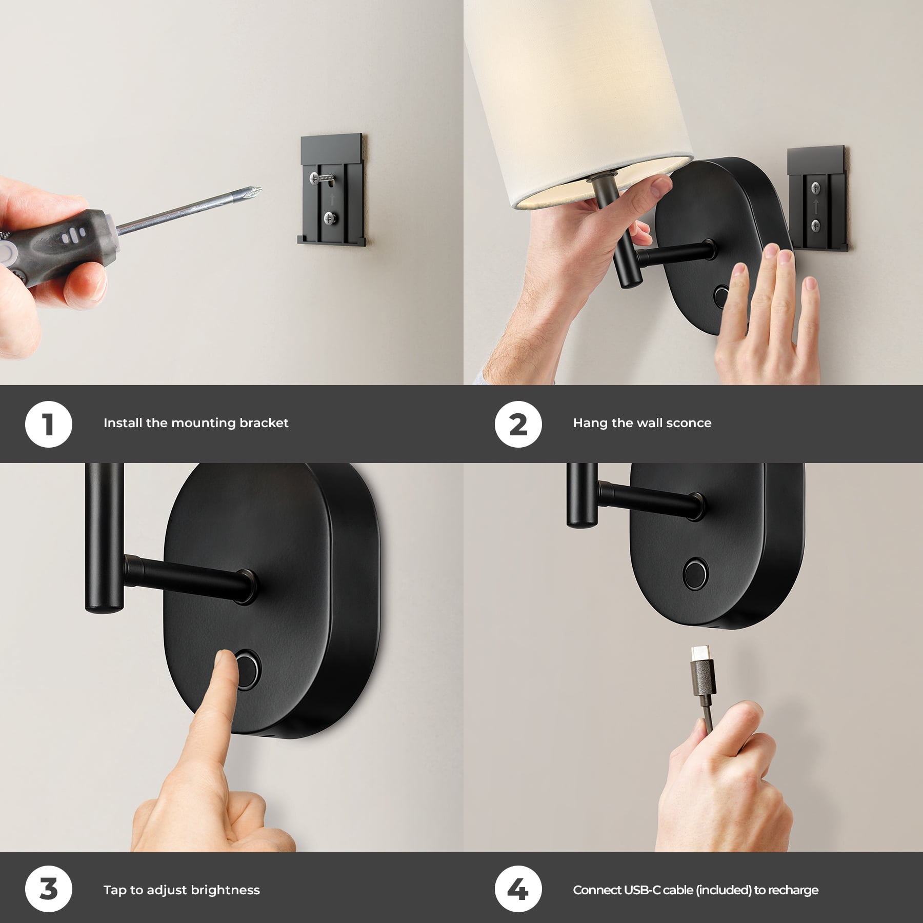 Globe Electric 10.5" Matte Black LED Integrated Rechargeable Indoor Wall Sconce with Charging Cable Included