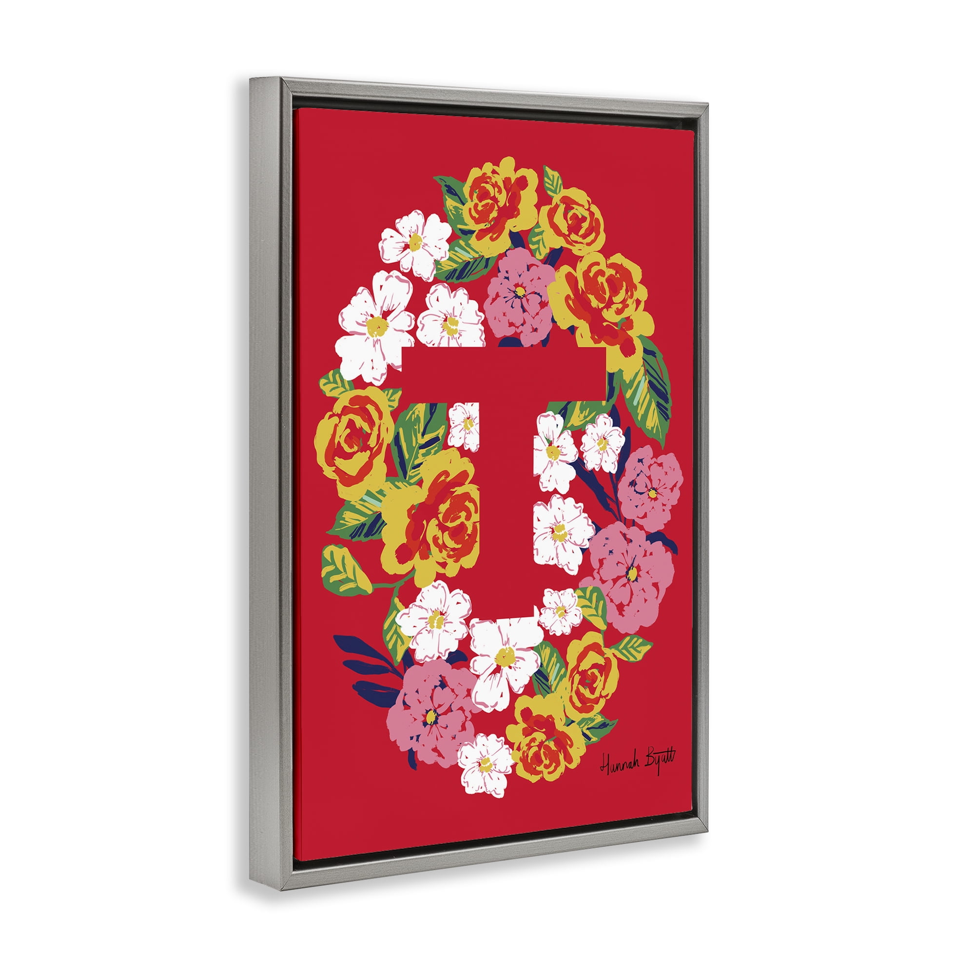 Stupell Industries Floral Bloom Letter T Botanical & Floral Painting Gray Floater Framed Art Print Wall Art, 21 x 31