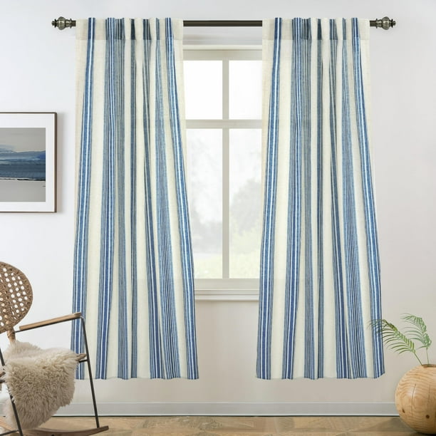Cortinas DriftAway de 160 cm con rayas verticales, mezcla de lino, azul marino
