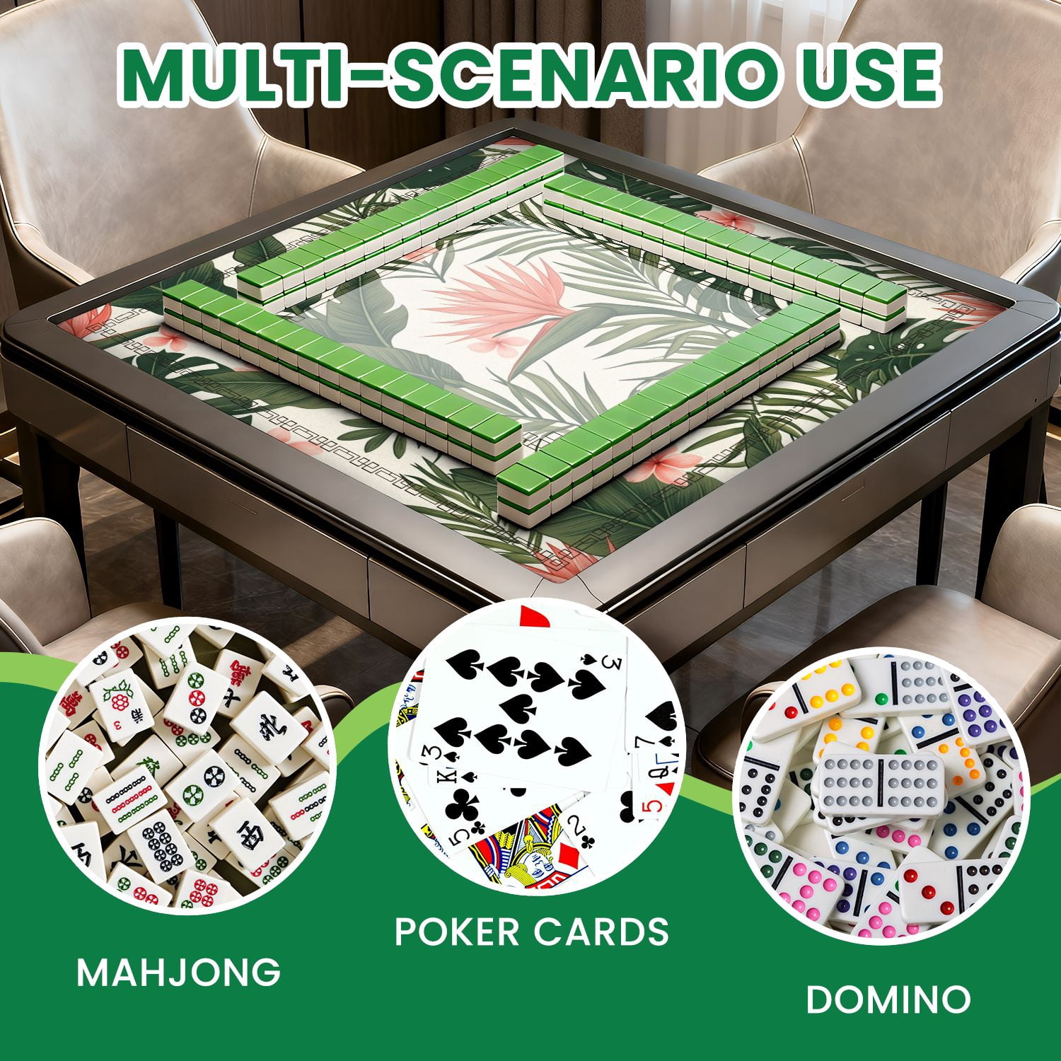 Mahjong Mat 31.5" x 31.5" Beach cheerful seamless tropical dark green leaves palm trees flowers Non-Slip Noise Reduction American Mahjong Tiles Table Cover for Dominoes Poker Card Board Games Gift