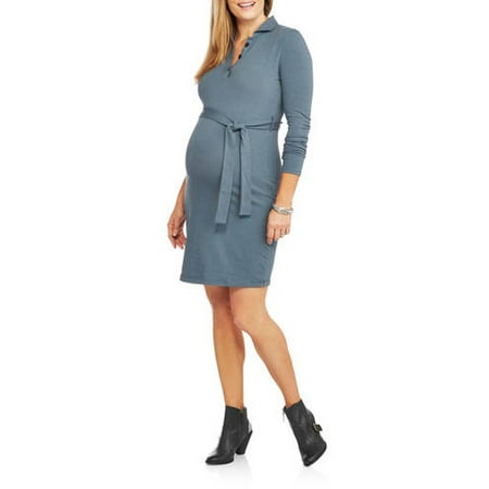 Maternity Long Sleeve 3 button placket collared dress with tie belt