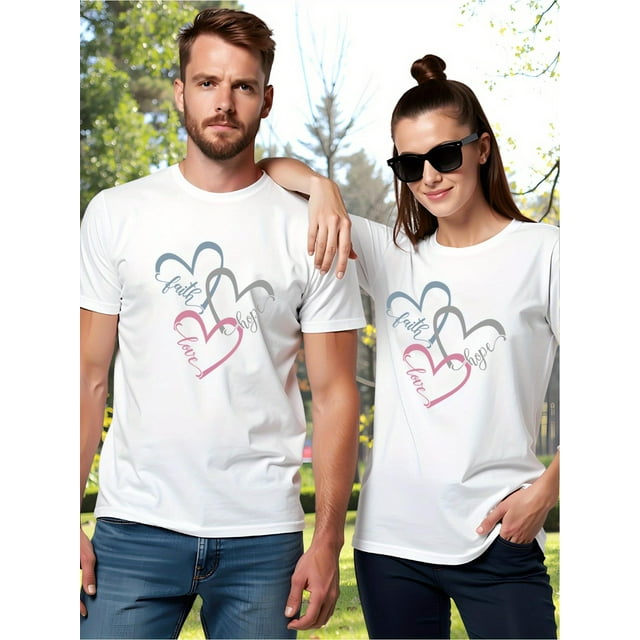 Camisetas de San Valentín para él y para ella en pareja: cuello redondo informal, mezcla de algodón 100 % con estampado de corazones, ligeramente elásticas, lavables a máquina, perfectas para el veran