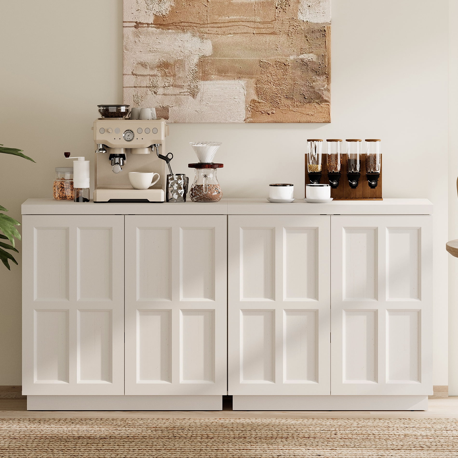HOMOOI 2-in-1 Sideboard Buffet Cabinet with Cabinets and Adjustable Shelves,Boho 63" Heavy-Duty Wood Coffee Bar Cabinet,Modern Console Table for Kitchen, Dining Room, Living Room,White