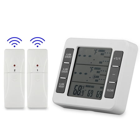 Refrigerator Thermometer,Digital Fridge Themometer, with 2 PCS Wireless Sensors, Indoor Outdoor Temperature Monitor,24H Record, Audio Alarm