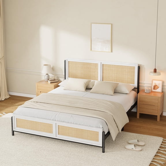 PYY Boho Style Full Size Rattan Bed Frame with Natural Rattan Headboard & Footboard for Home Office – Durable Wood & Metal Platform, Noise-Free, Easy Assembly, No Box Spring Needed, Antique White