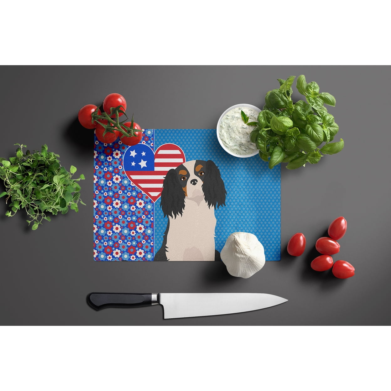 Tricolor Cavalier Spaniel Glass Cutting Board Large