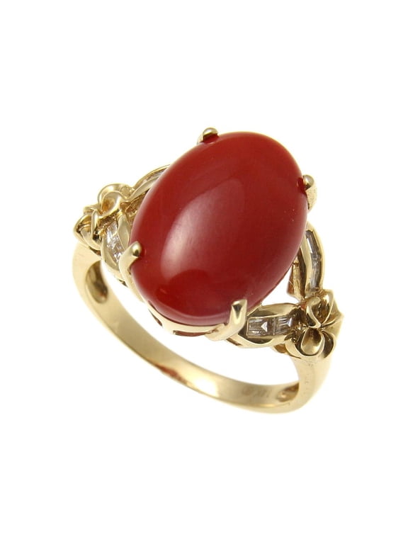 Genuine natural cabochon red coral 0.38 ct taper diamond ring Hawaiian plumeria 14k yellow gold size 6