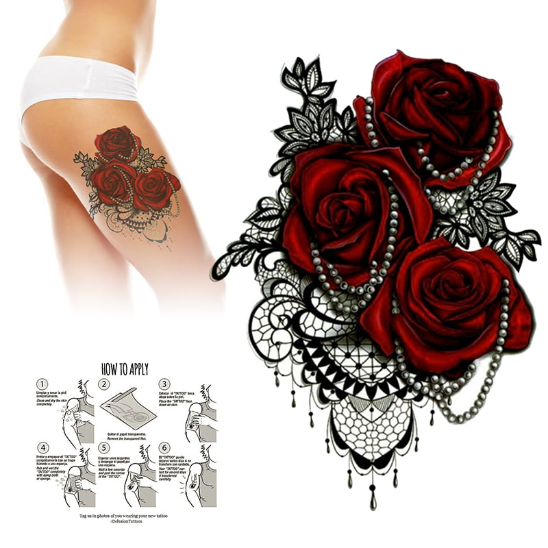 Women Temporary Large 3D Flower Rose Tattoos, Body Art Sketch Tattoo  Stickers For Girls Adults Shoulder Arm 
