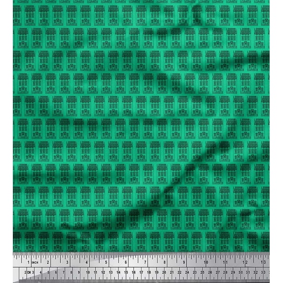 Soimoi Green Silk Fabric Buildings Architectural Print Fabric by Yard 42 Inch Wide