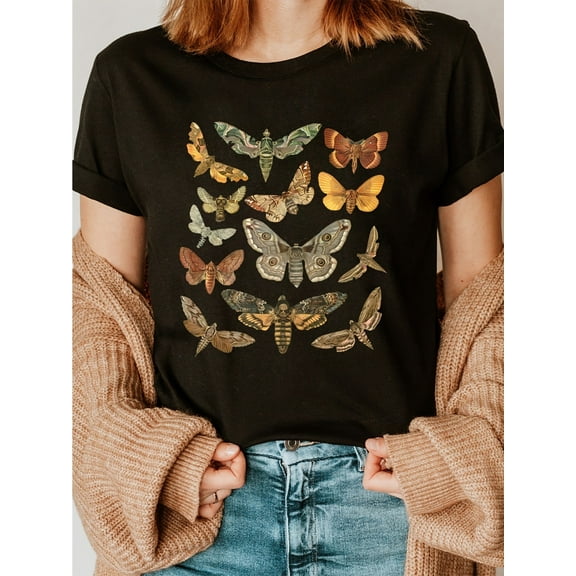 Vintage Moth Print Casual Sports T-shirt, Short Sleeve Crew Neck Comfortable Top, Women's Clothing