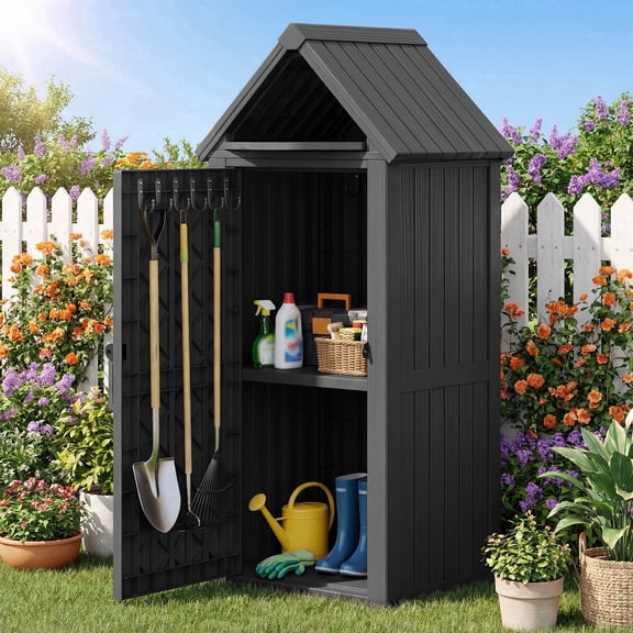 Nihsuao Vertical Outdoor Storage Shed with Removable Shelves & 12 Hooks - Waterproof, Lockable & Sturdy Floor for Patio, Garden & Backyard, Black