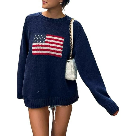 Women American Flag Sweater Loose Vintage Long Sleeve Crewneck Knitted Jumper Top Patriotic USA Pullover Streetwear