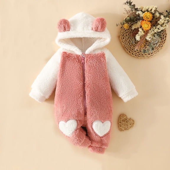 BRGZLK Newborn Baby Onesie Cute Bear Ears Hoodies Romper Jumpsuit Toddler Girls Boys Zipper Soft Cozy Footless Bodysuit Fall Winter Fleece Clothes Pink 0-3 Months
