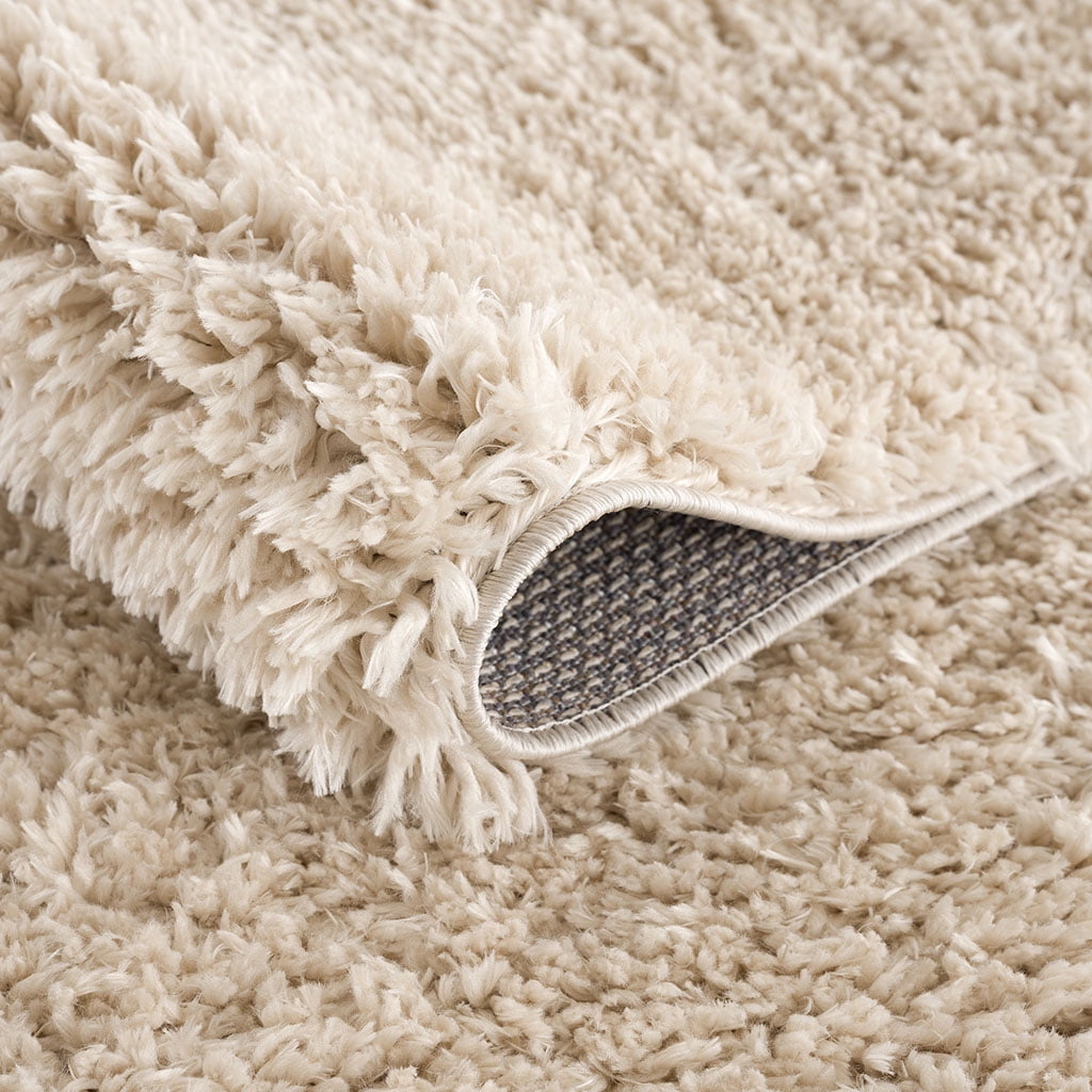 Super Soft Polyester Shag Area Rug 6x9ft Solid Cream High Pile Modern Rug Non-Slip Latex Backing Easy Clean for High-Traffic Living Room