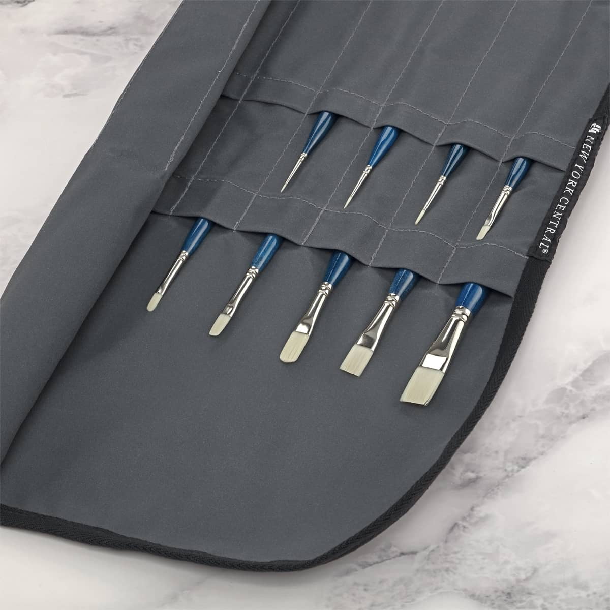 Borciani e Bonazzi Unico Bianco Synthetic Paint Brush Assorted Shapes -Set of 9 Plus Roll-Up Case - All Paint Types - Ergonomic Handle, Cruelty-Free, Brass Ferrule, Handcrafted in Italy