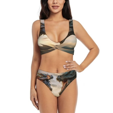 Zeuib Friendship Dragon High Waisted Tummy Control Bikini Set - Knot Front Push Up Top & Cheeky Thong Bottom  Two-Piece Swimsuit for Women-Medium