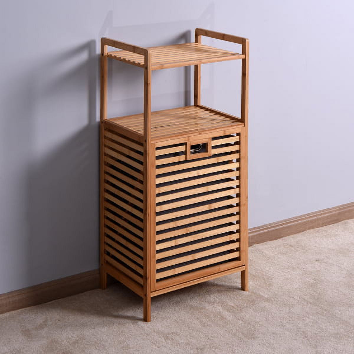 3-Tier Organizer Storage Shelf with Bamboo Frame and Pull Out Fabric  Baskets Storage Drawers Unit,Laundry Towel Hamper Cabinet Tower Three Part