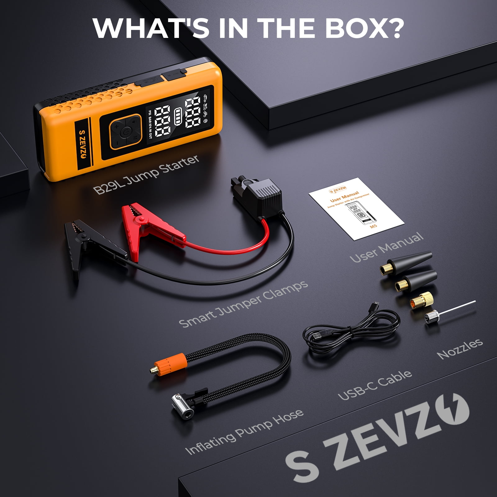 6000A 150PSI Car Battery Charger Jump Starter ,with Air Compressor,12V Jump Box Car Battery Jumper Starter Portable with Jumper Cables, LCD Display, Lights,Yellow
