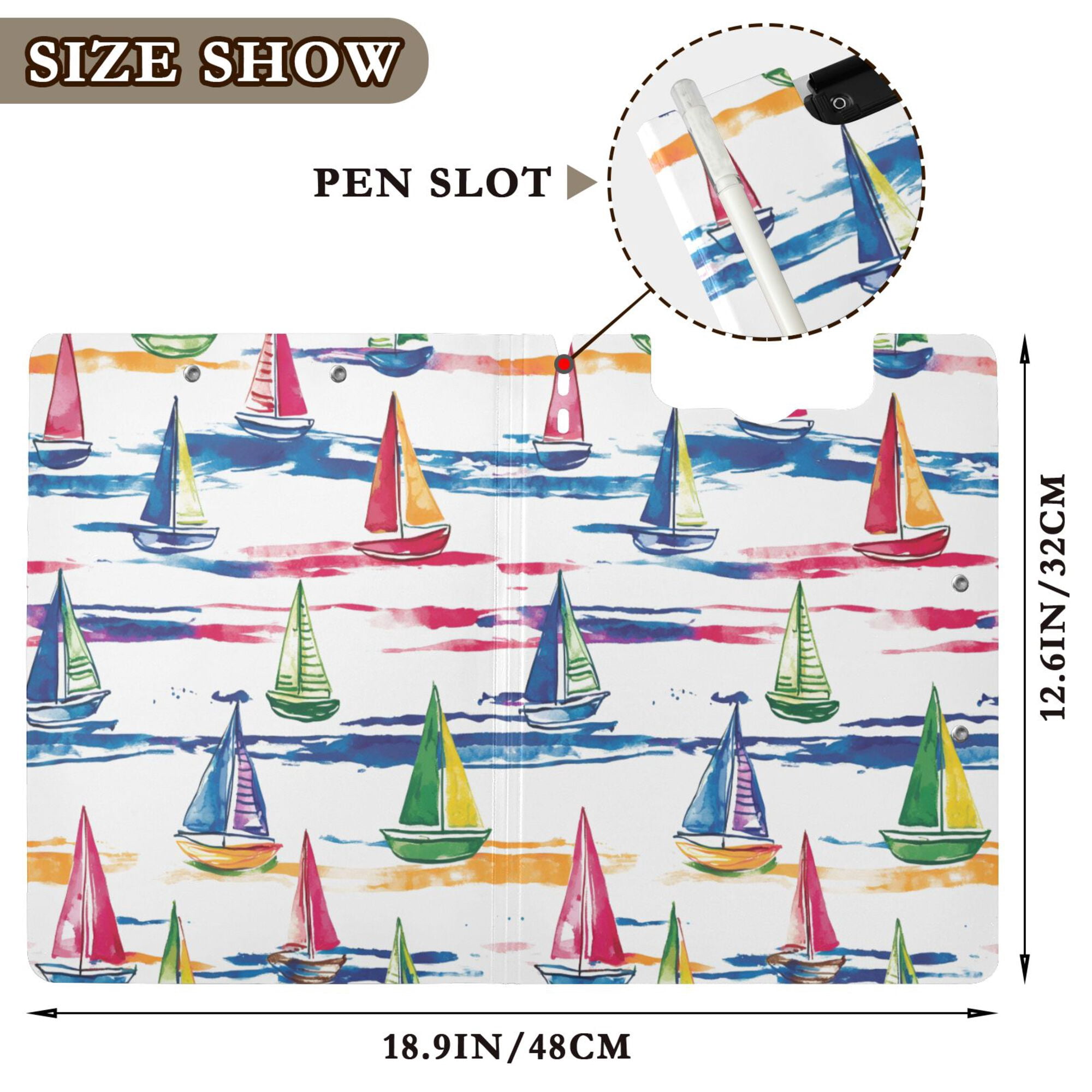 FORMRS A4 Clipboard Folder with Pen Holder Horizontal Foldable School Office Binder, Hand Drawn Sailboats
