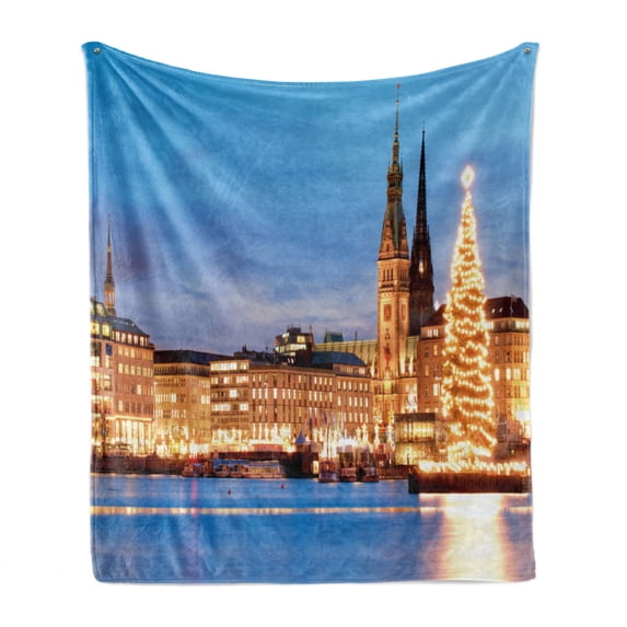 Winter Soft Flannel Fleece Throw Blanket, Hamburg Germany Old Town Hall with Christmas Tree Historical Architecture, Cozy Plush for Indoor and Outdoor Use, 50" x 60", Blue Orange Brown, by Ambesonne