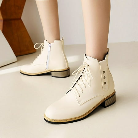 

VKEKIEO Short Cowboy Boots For Women Round Toe Low Heel Booties Ornamental Zipper Buckle Beige