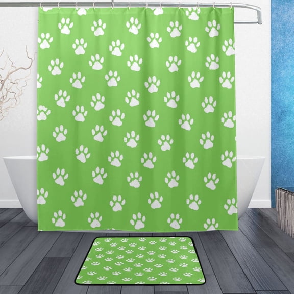 TTYFWHD 60" x 72" Shower Curtain and Bath Mat Set Green Paw Print Pattern Waterproof Bathroom Curtain with 12 Hooks, Bathroom Decor Set