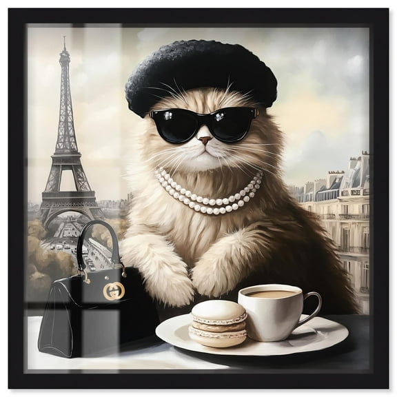 Cat in Paris Treats Shadowbox Print Fashion Art Prints by Art Remedy, Black Frame, 12 x 12