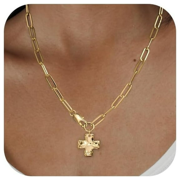 Ngardk Gold Chunky Cross Necklace for Women, 14K Gold Plated Brass, Cross Pendant Paperclip Chain Necklaces