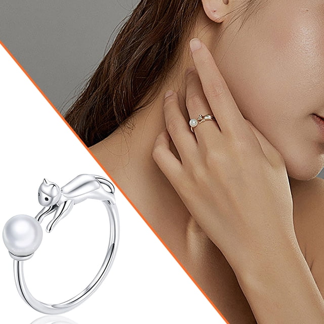 HomeKingdee Cute Cat Playing with Pearl Adjustable Ring - High Quality Fashion Jewelry for Women