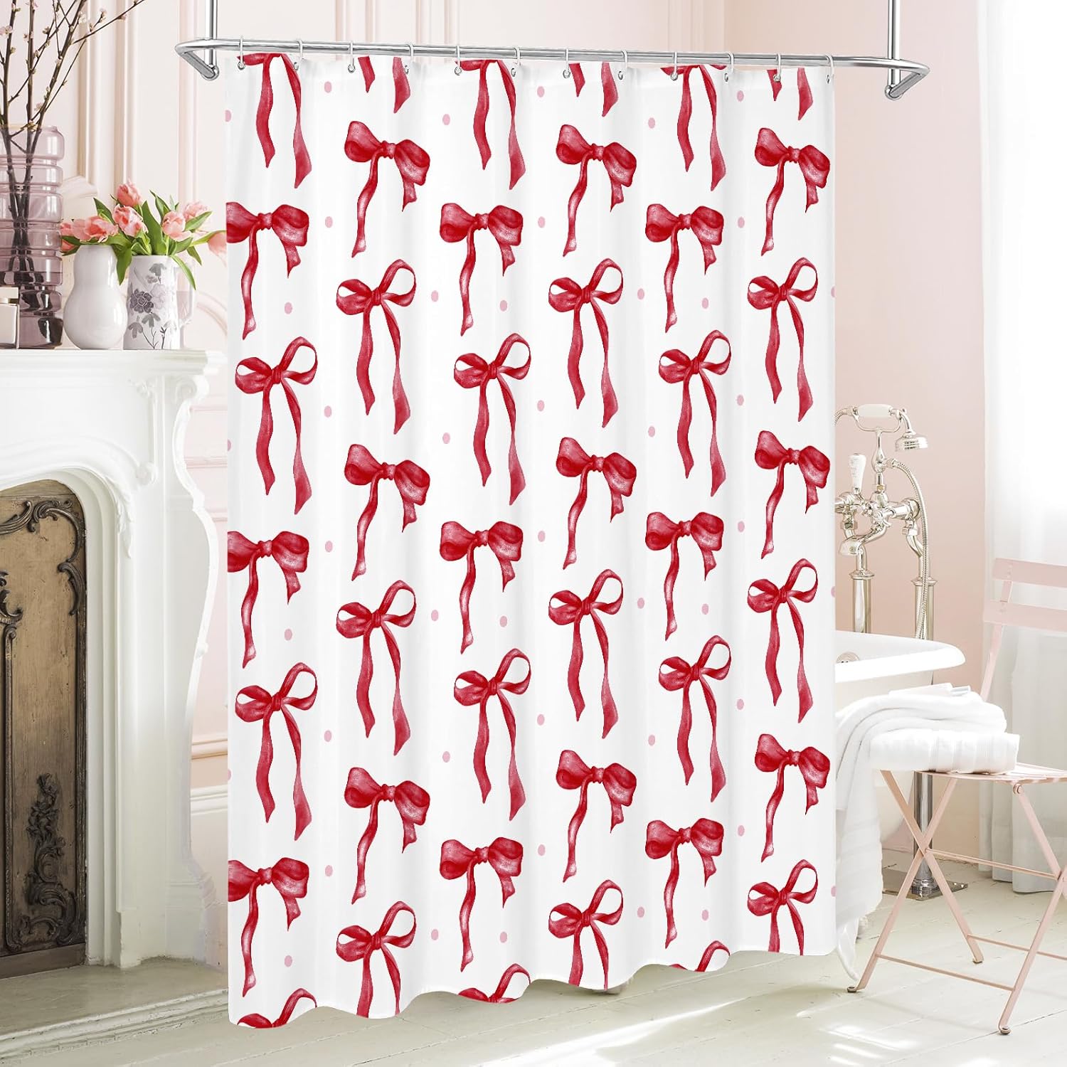 Cute Bow Shower Curtain, Burgundy Aesthetic Bowknot Shower Curtain for Bathroom, Modern Minimalist White Waterproof Fabric Shower Curtain Set
