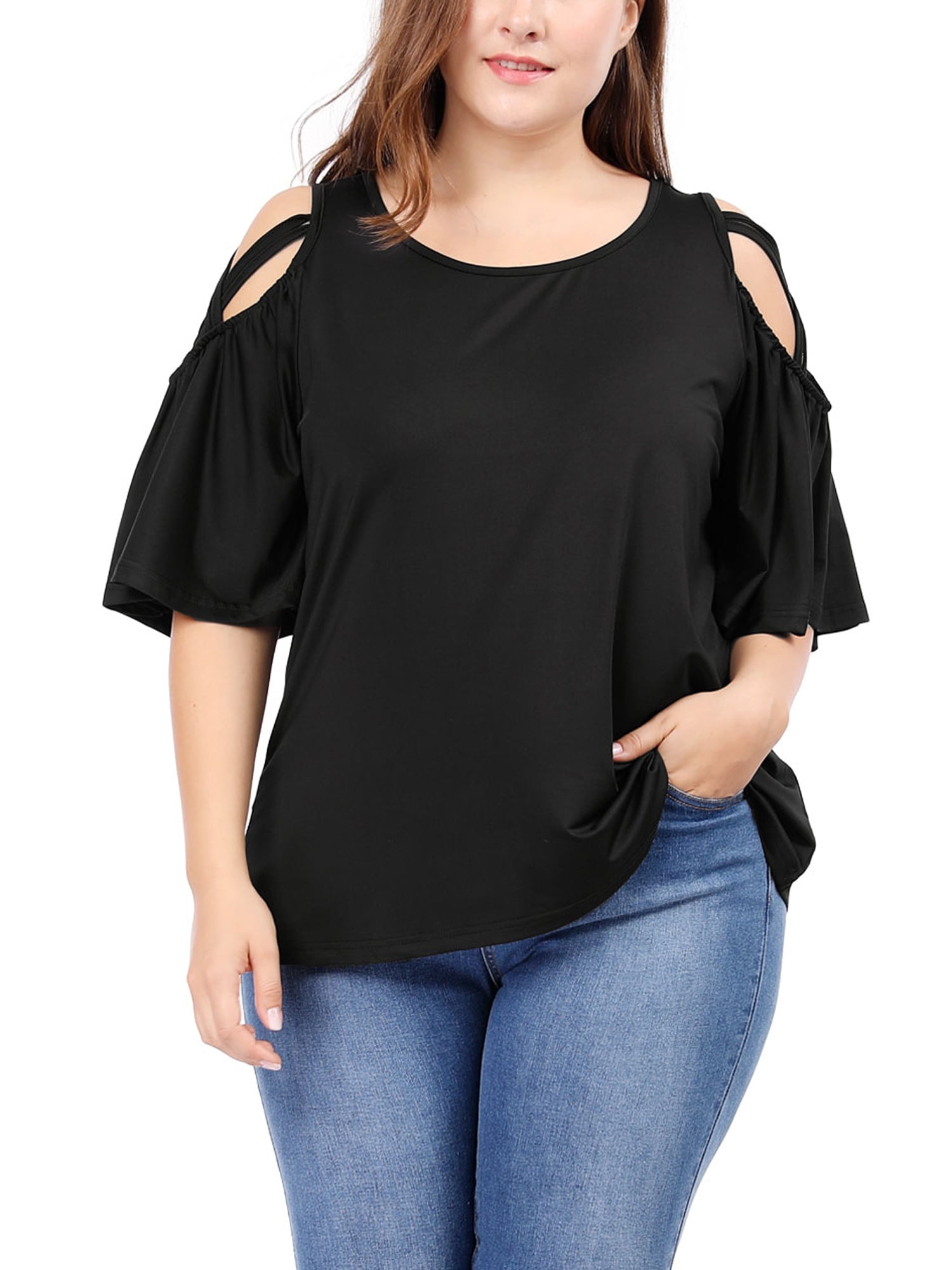 Unique Bargains Juniors' Plus Size Strappy Shoulder Trumpet Sleeves Top 3X Black