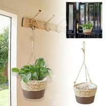 Woven Seagrass Hanging Planter Basket with Rope, Natural Rattan Pot Hanger for Indoor Outdoor Plants, Straw Flower Basket Holder for Home Garden Decor