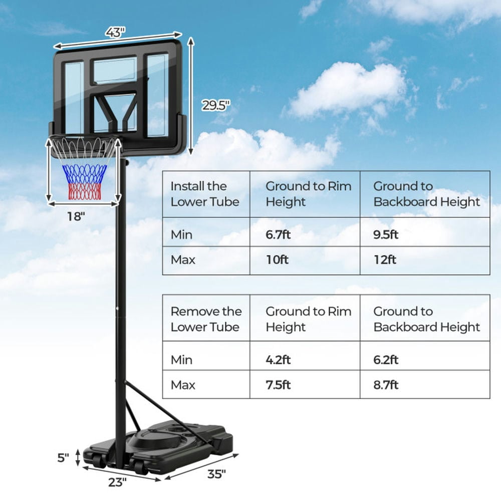 Demifill Portable Basketball Hoop with 9-Position Adjustable Height, Basketball Hoop with 44" Durable PET Backboard, Black