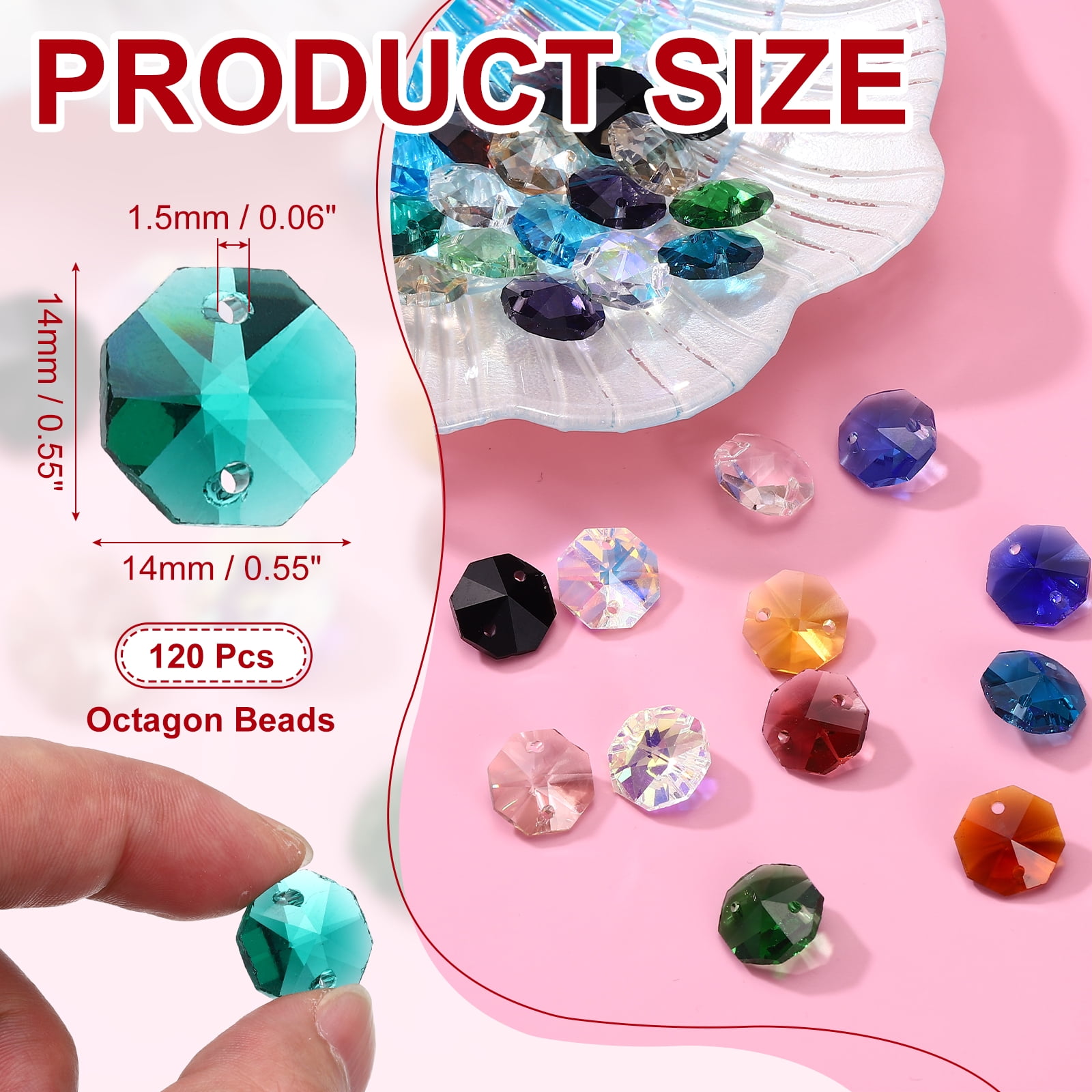 Uxcell 14mm Glass Octagon Beads, Sun Catcher Beads Bulk 2 Hole Sun Catcher Pendants 0.55" & 120 Pcs & Peacock Green-Fitting for (Arts Crafts/Crystal Chandelier Repair/DIY Wind Chime)