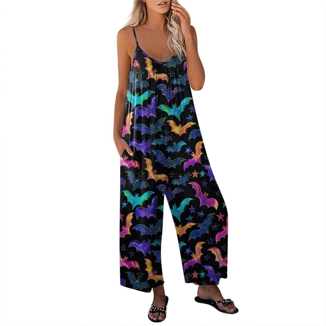 Mono informal sin mangas con estampado de fantasmas de Halloween para mujer, con tirantes finos y pierna ancha para fiestas navideñas