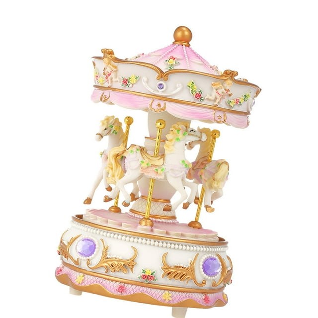 Mini Carousel Clockwork Music Box Colorful LED Merry-go-round Musical Box Gift for Girlfriend Kids Children Christmas Festival Purple