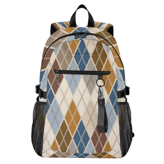 Full‑Print Casual Laptop Backpack, 20L Water‑Resistant Twill Tote Daypack with 14 Inch Computer Compartment for School Business Travel Warm Diamond Checkered Design
