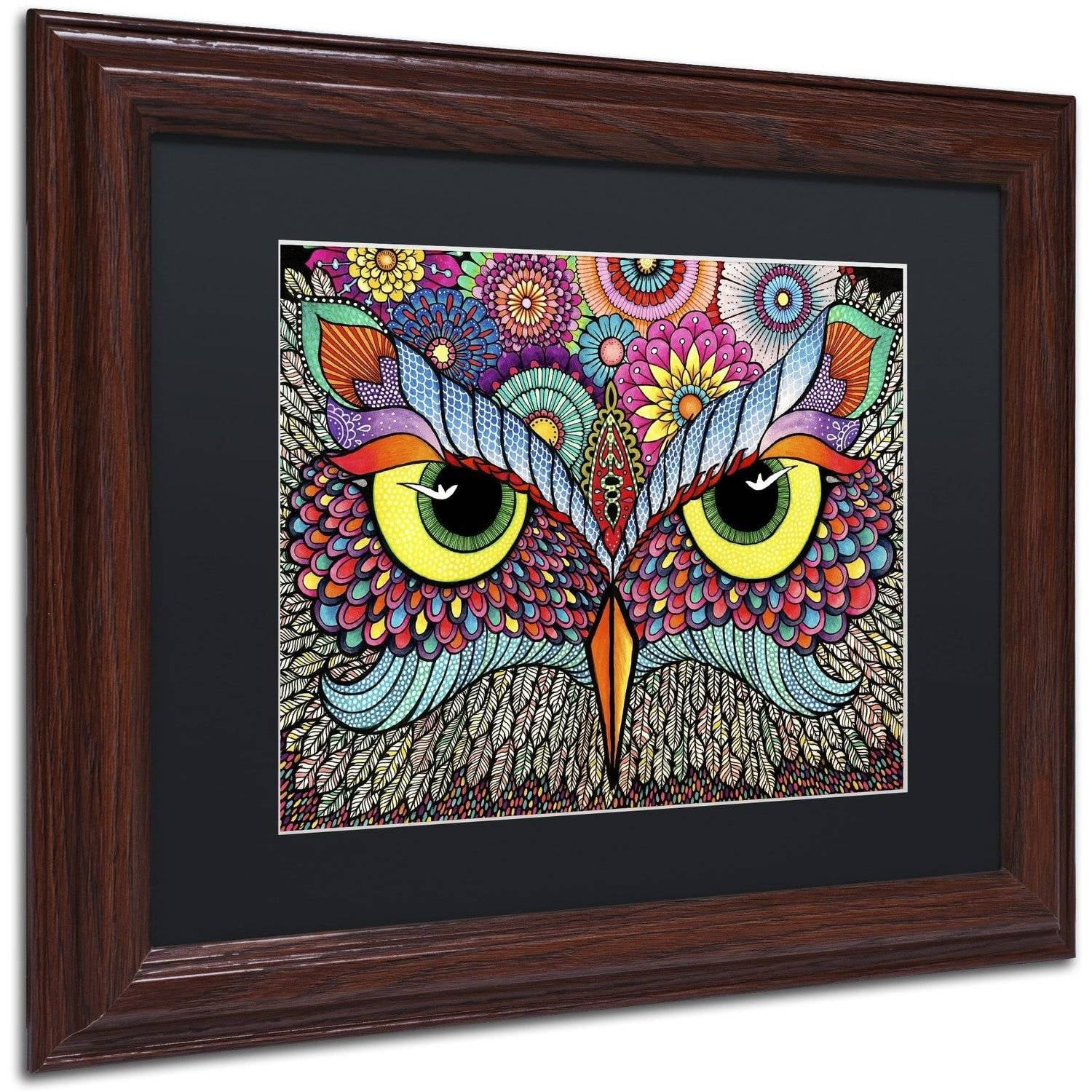 Trademark Fine Art "Owl Face" Canvas Art by Hello Angel, Black Matte, Wood Frame